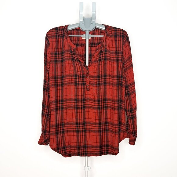 Universal Thread Tops - Universal Thread Plaid Henley Blouse - Deep Red & Black- Extra Large